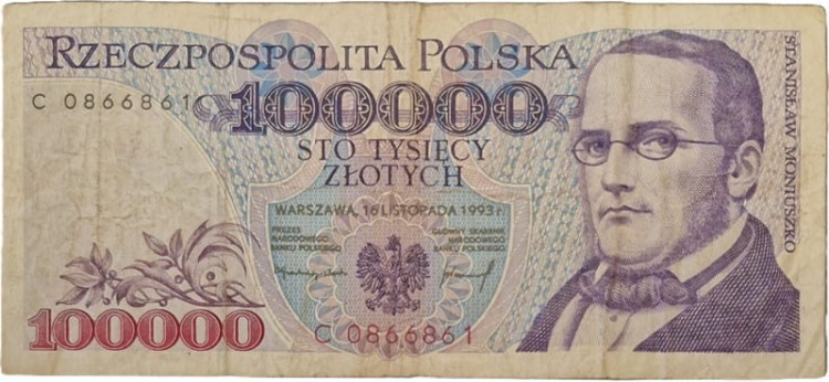 Banknot PRL 100000 zł 1993 Moniuszko stan 3 awers