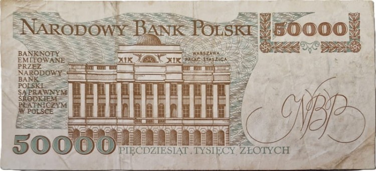 Banknot 50000 zł 1989 Stanisław Staszic stan 3 rewers