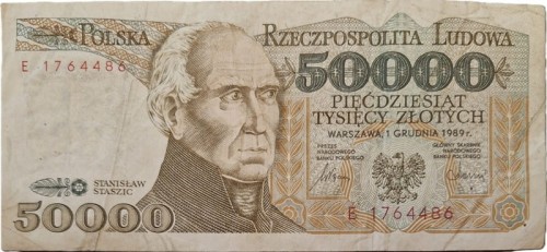 Banknot 50000 zł 1989 Stanisław Staszic stan 3 awers