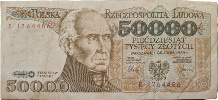 Banknot 50000 zł 1989 Stanisław Staszic stan 3 awers