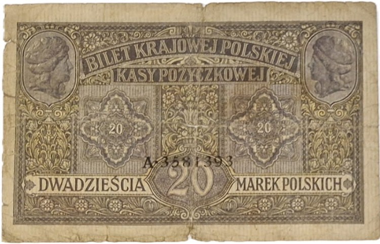 Banknot 20 marek polskich 1917 rewers