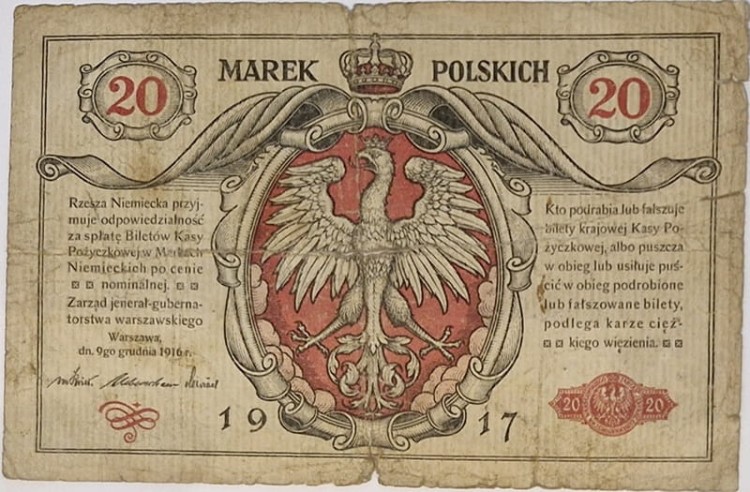 Banknot 20 marek polskich 1917 awers