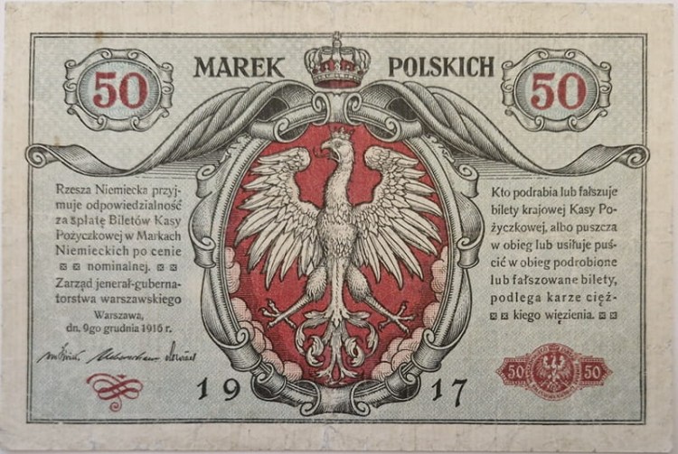 banknot 50 marek polskich 1917 awers