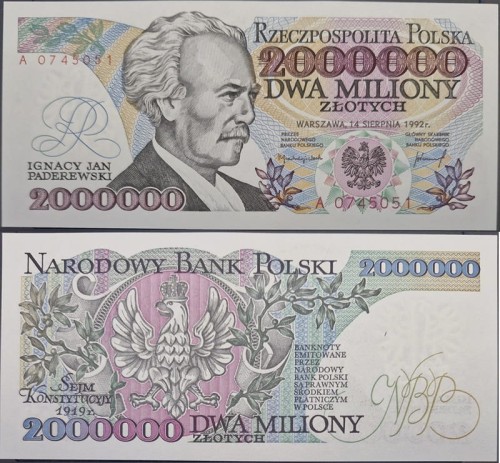 Banknot 2000000 zł Ignacy Paderewski 1992 r. stan 1 z błędem awers i rewers