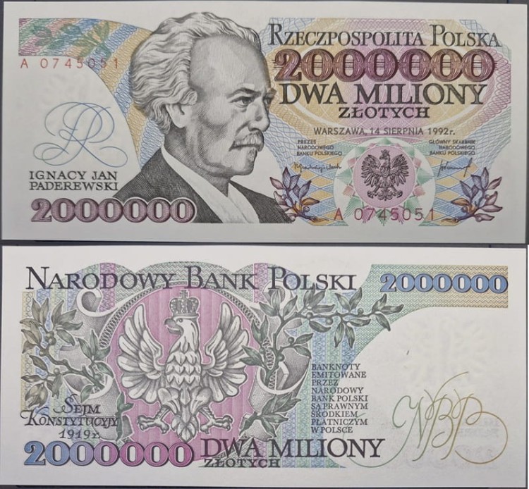 Banknot 2000000 zł Ignacy Paderewski 1992 r. stan 1 z błędem awers i rewers