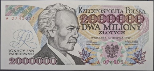Banknot 2000000 zł Ignacy Paderewski 1992 r. stan 1 z błędem awers