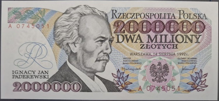 Banknot 2000000 zł Ignacy Paderewski 1992 r. stan 1 z błędem awers