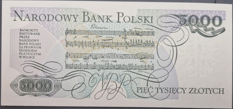 Banknot PRL 5000 zł Fryderyk Chopin 1982 awers