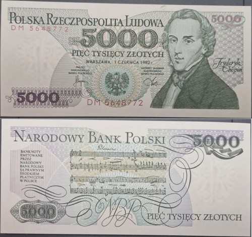 Banknot PRL 5000 zł Fryderyk Chopin 1982 stan 1