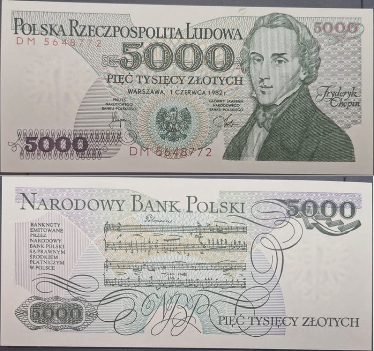 Banknot PRL 5000 zł Fryderyk Chopin 1982 stan 1