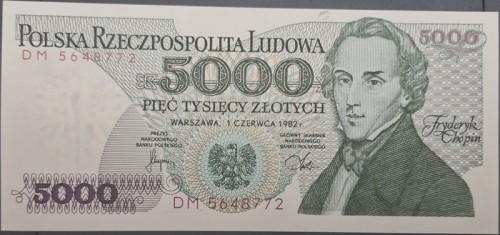 Banknot PRL 5000 zł Fryderyk Chopin 1982 rewers
