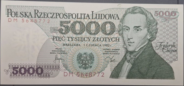 Banknot PRL 5000 zł Fryderyk Chopin 1982 rewers
