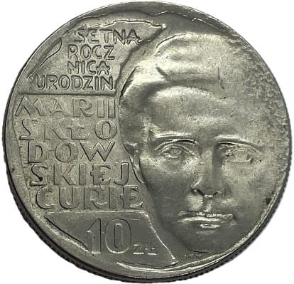 Moneta 10 zł Maria Skłodowska-Curie 1967 r rewers