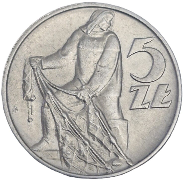 Moneta 5 złotych Rybak 1974 rewers stan 1