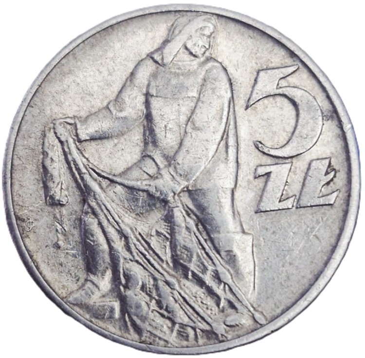 Moneta 5 zł Rybak 1973 stan 2 rewers
