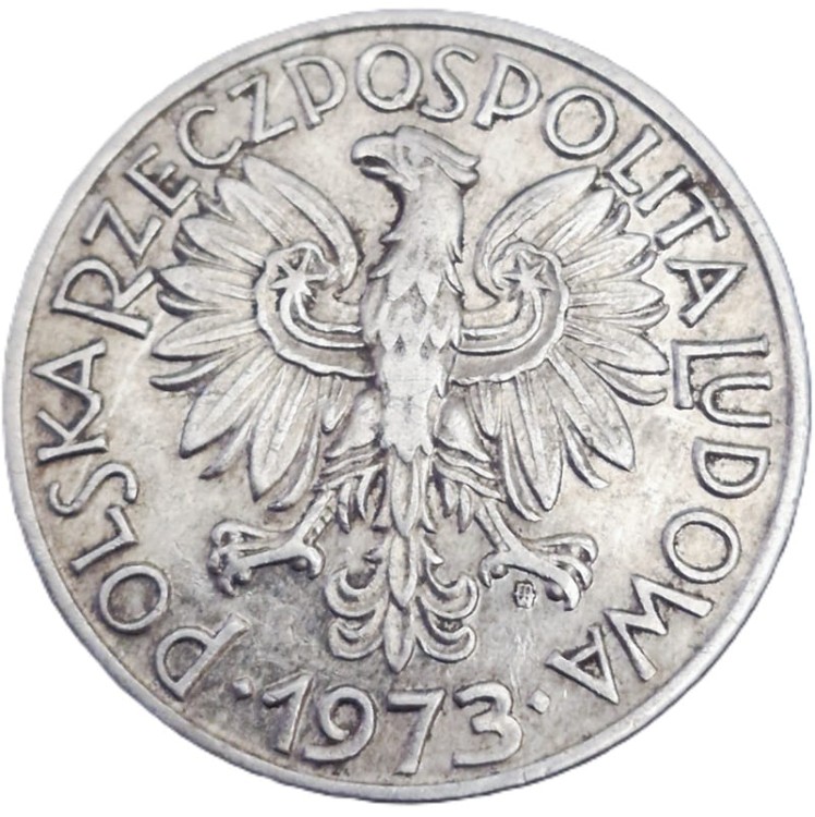 Moneta 5 zł Rybak 1973 stan 2 awers