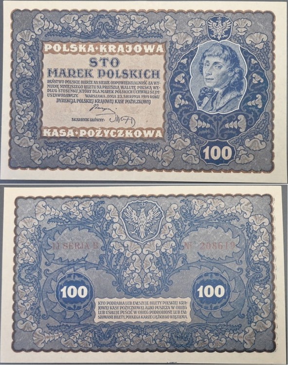 Banknot 100 marek polskich VIII 1919 r. stan -1