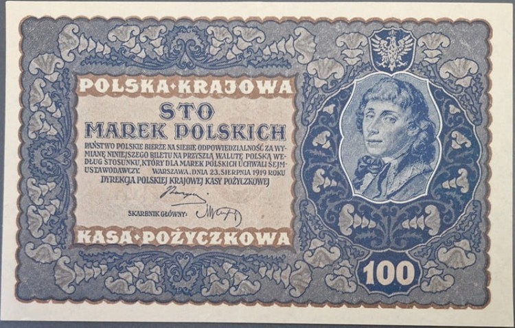 Banknot 100 marek polskich VIII 1919 r. stan -1 rewers