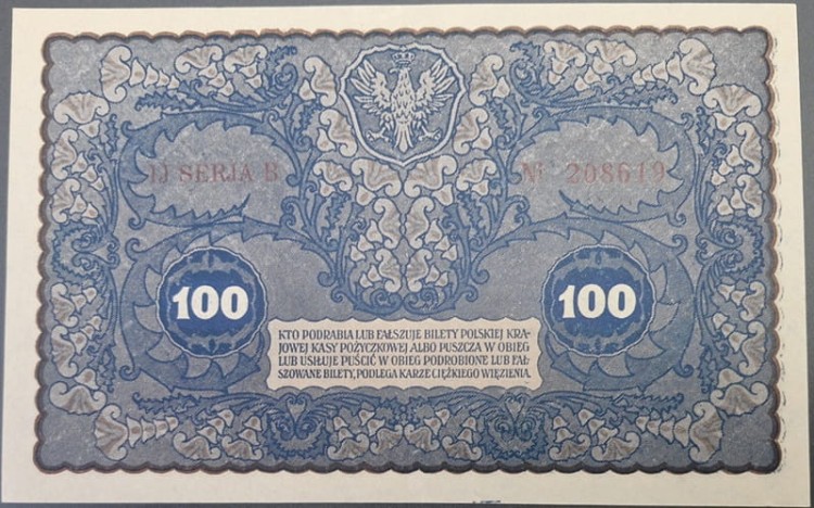 Banknot 100 marek polskich VIII 1919 r. stan -1 awers