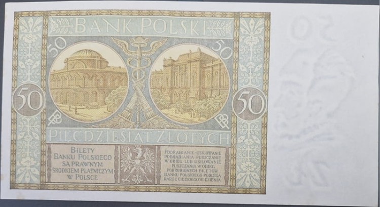 Banknot 50 złotych 1929 rewers