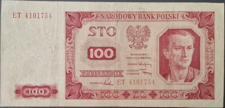 Banknot 100 zł 1948 awers stan 3