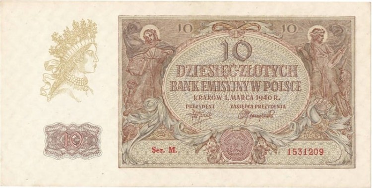 Banknot 10 złotych 1940 stan 1 awers