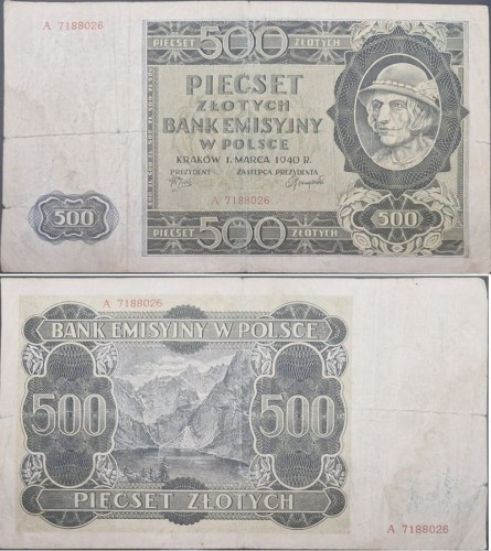 Banknot 500 złotych 1940 stan 3