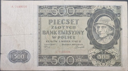 Banknot 500 złotych 1940 stan 3 awers