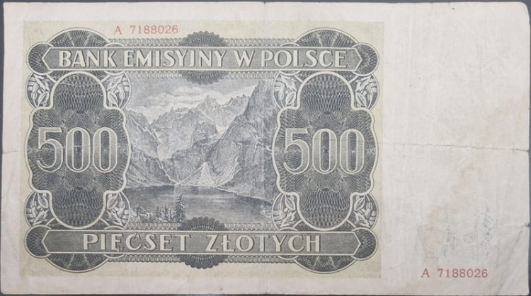 Banknot 500 złotych 1940 stan 3 rewers