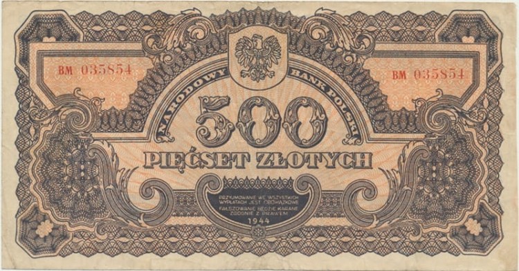 Banknot 500 zł 1944 seria lubelska owe awers