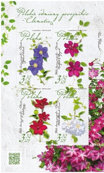Znaczki Polskie Odmiany Powojników Arkusz 2019 r.