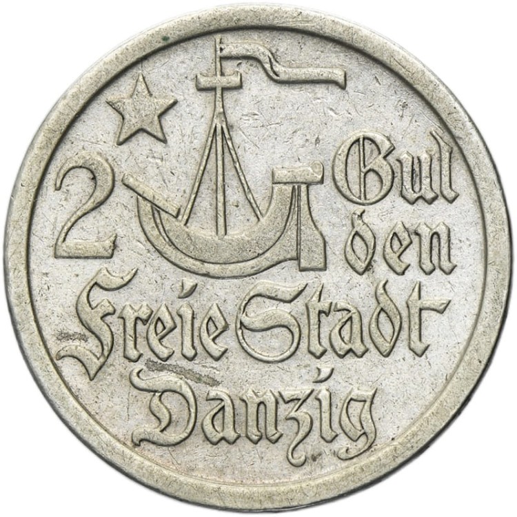 Moneta 2 guldeny 1923 r. Wolne Miasto Gdańsk rewers