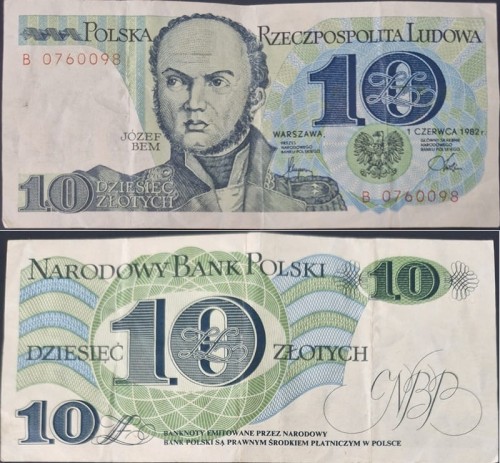 Banknot PRL 10 zł 1982 Józef Bem stan 3