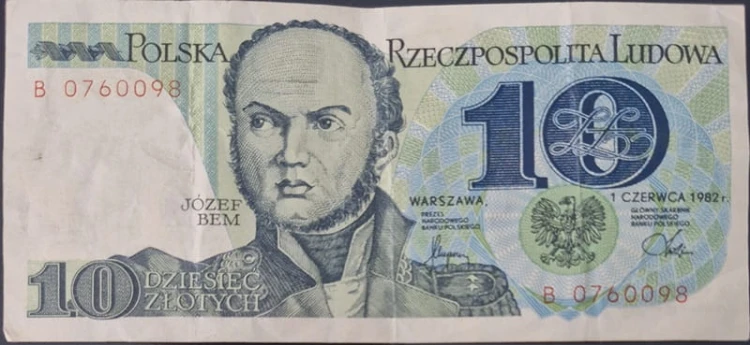 Banknot PRL 10 zł 1982 Józef Bem stan 3