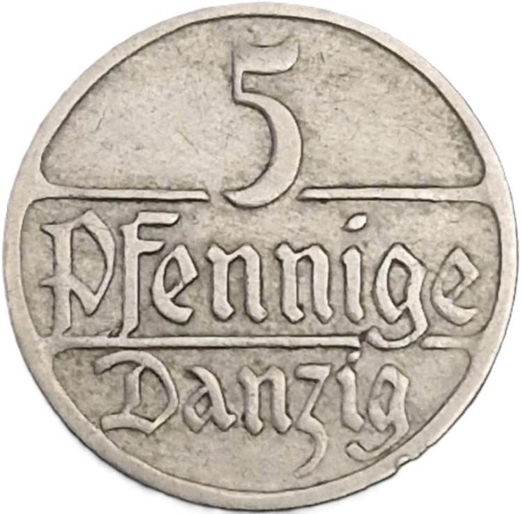 Moneta 5 fenigów 1923 rewers Wolne Miasto Gdańsk stan 2