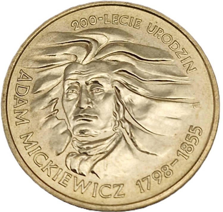 Moneta okolicznościowa 2 zł Adam Mickiewicz 1998 rewers