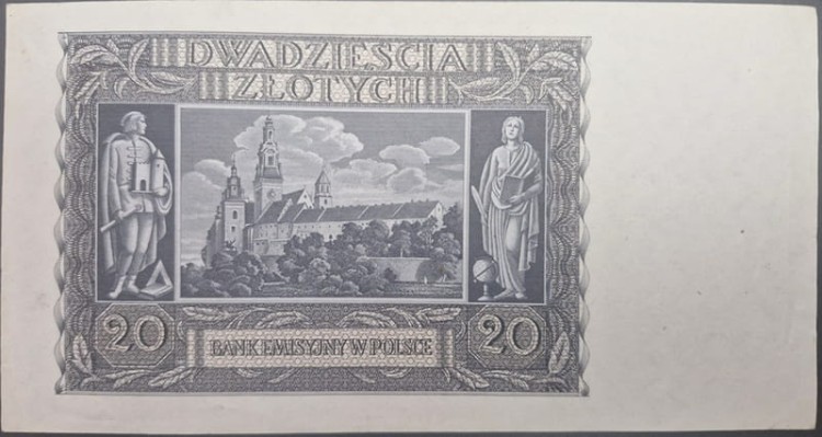 Banknot 20 zł 1940 stan 2 rewers