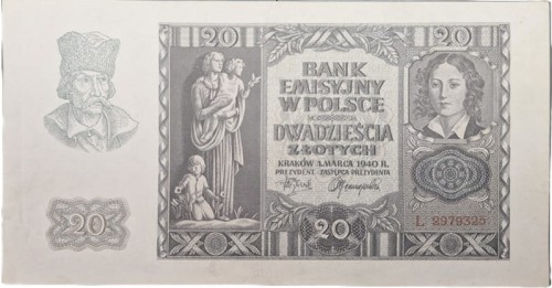 Banknot 20 zł 1940 stan 2 awers