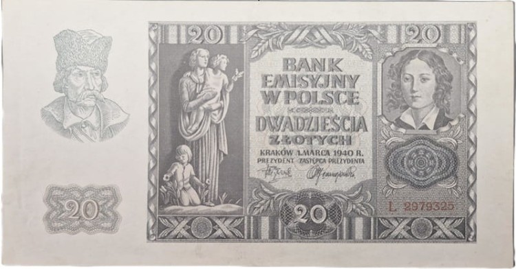 Banknot 20 zł 1940 stan 2 awers