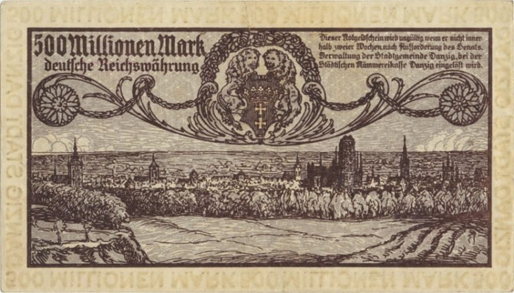 Banknot 500 mln marek 1923 r. Wolne Miasto Gdańsk rewers