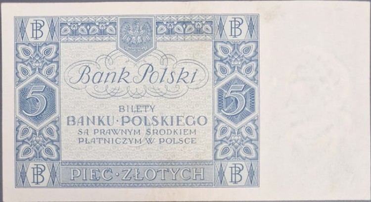 Banknot 5 złotych 1930 rewers