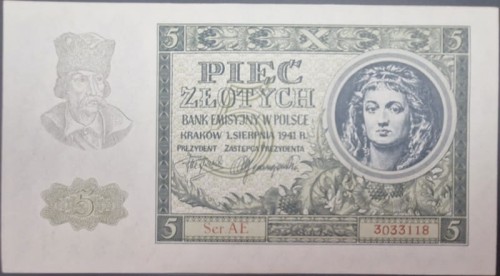 Banknot 5 złotych 1941 awers
