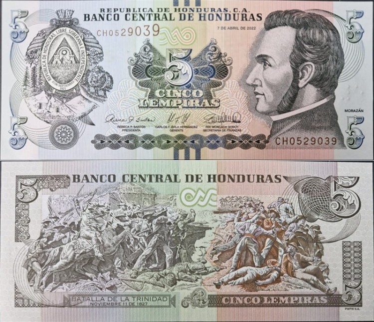 Honduras banknot 5 lempiras 2022