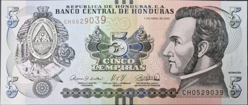 Honduras banknot 5 lempiras 2022 awers