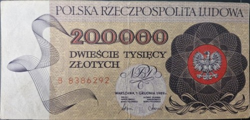 Banknot 200000 zł 1989 stan 3 awers