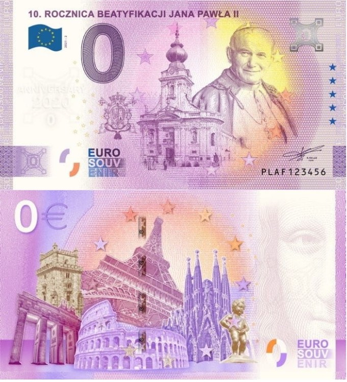 Banknot 0 euro 10 rocznica Beatyfikacji Jana Pawła II 2021