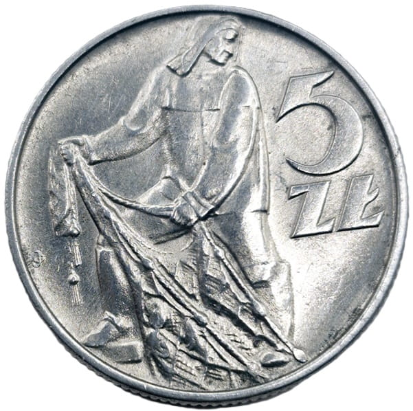 Moneta 5 zł Rybak 1974 stan 2 rewers