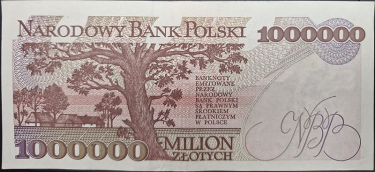 Banknot PRL 1000000 zł 1993 Władysław Reymont rewers stan 3
