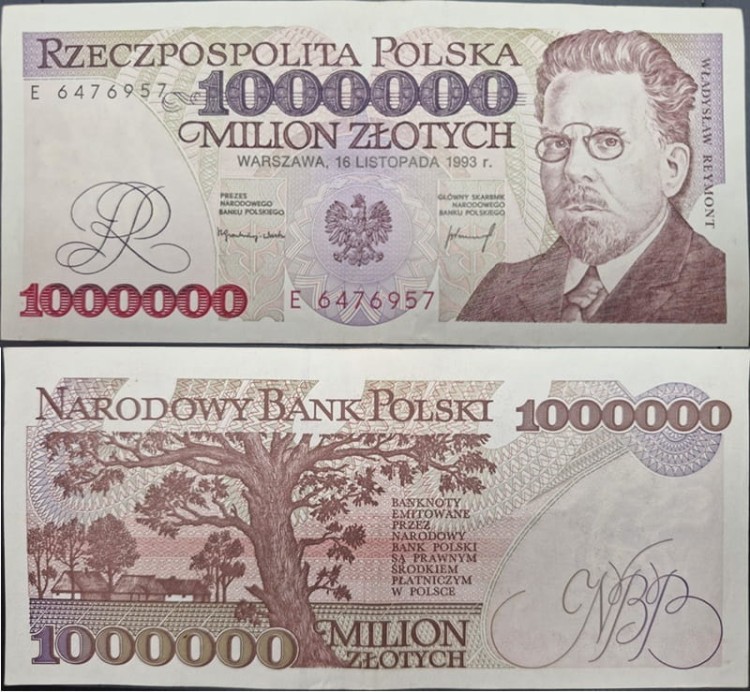 Banknot PRL 1000000 zł 1993 Władysław Reymont