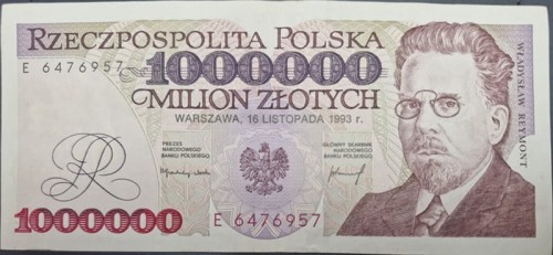 Banknot PRL 1000000 zł 1993 Władysław Reymont awers stan 3